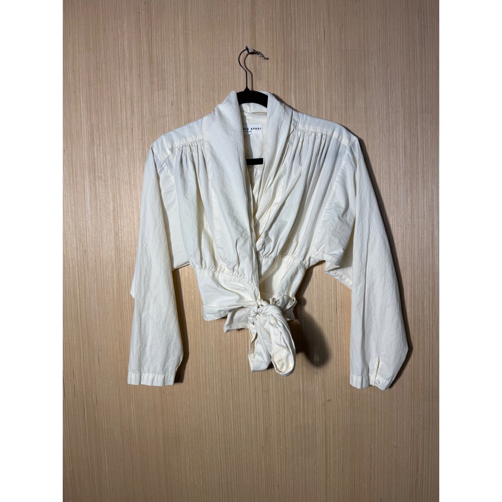 Apiece Apart Cream Wrap Blouse Long Sleeve Tie Front Cropped Top Shawl Collar